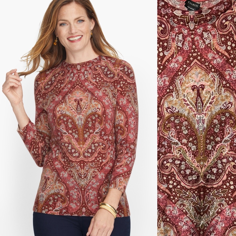 Talbots Audrey 100% Cashmere Sweater Paisley Baroque Print Top NEW NWT M
